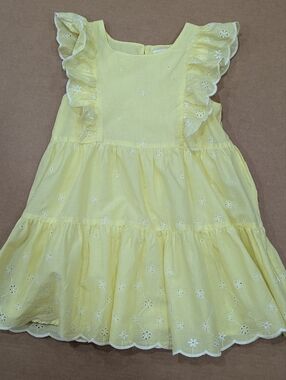 Cat & Jack Girls 4T Yellow Eyelet Ruffle Sleeve Tiered Dress Summer Spring
